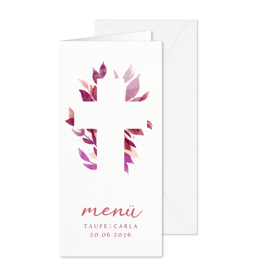 Menükarte Taufe florales Kreuz pink - Kartenvorschau
