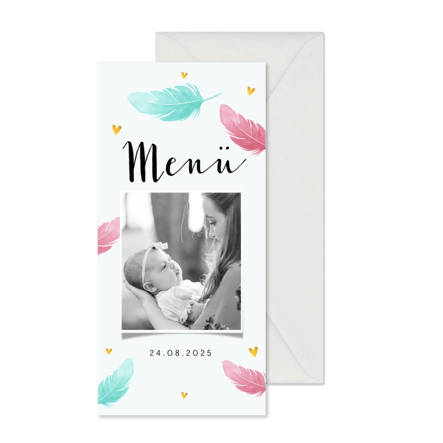 Menükarte Taufe Foto & Federn in rosa und blau - Karteneindruck
