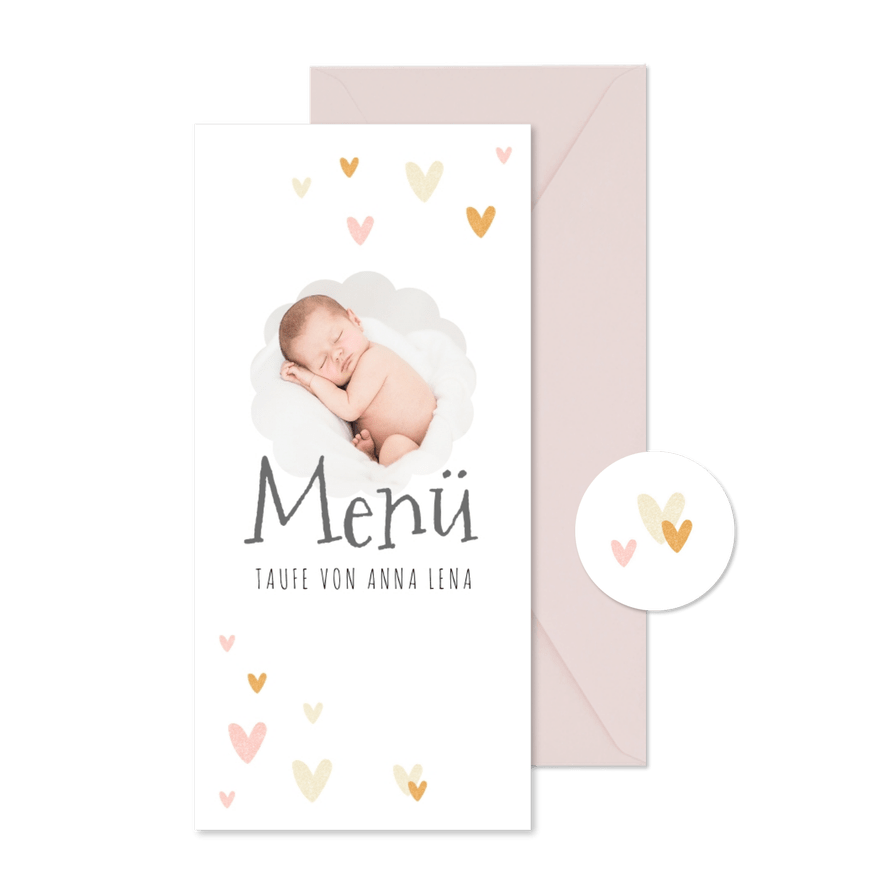 Menükarte Taufe Foto und kleine Herzen - Karteneindruck