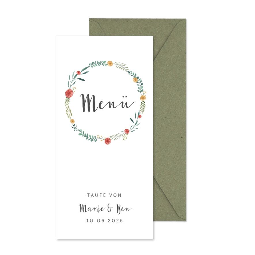Menükarte Taufe Geschwister Blumenkranz - Karteneindruck