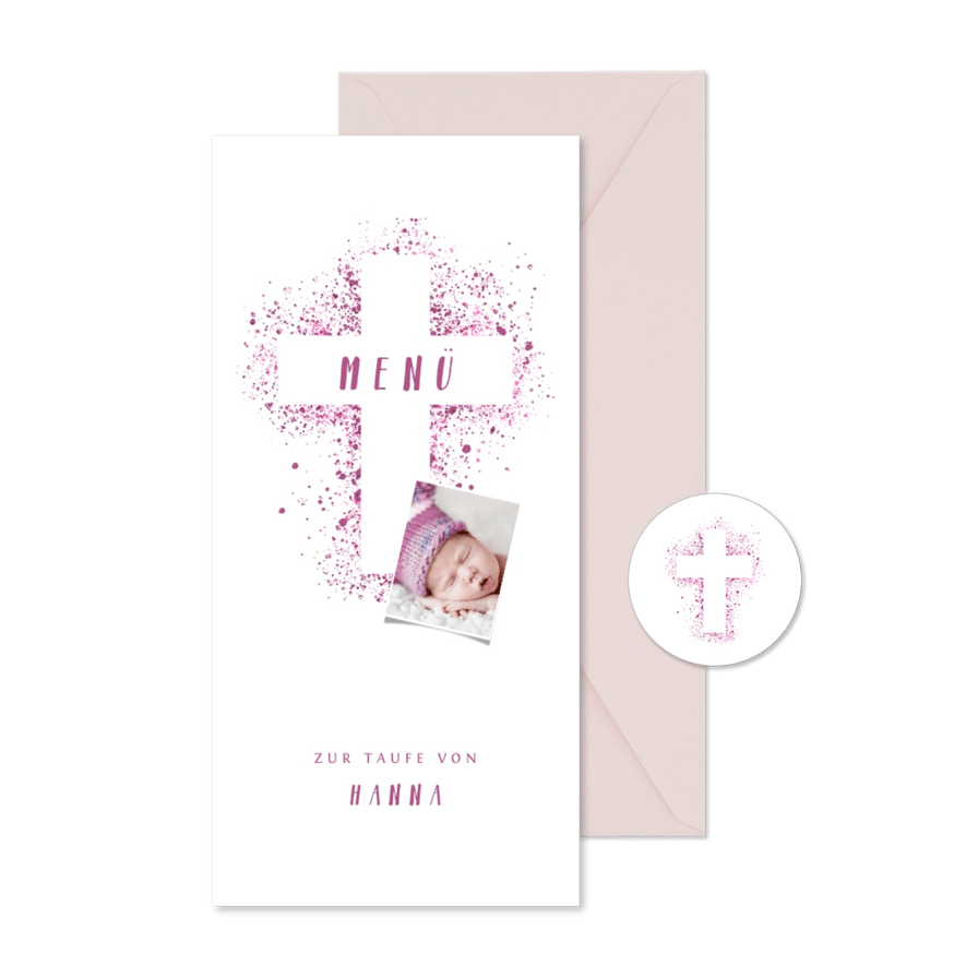 Menükarte Taufe Kreuz pink Spritztechnik Foto - Karteneindruck