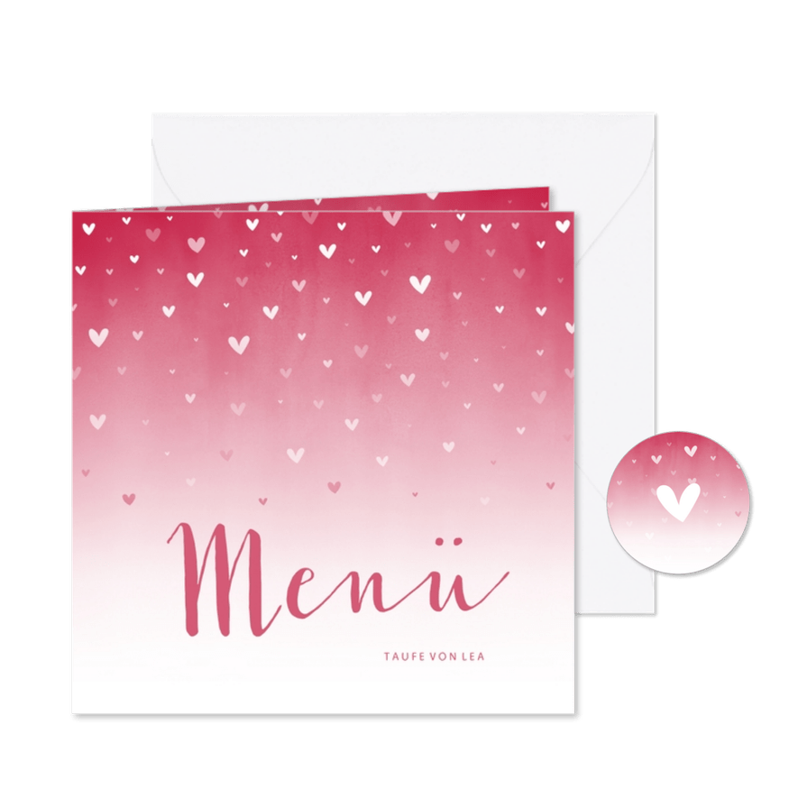 Menükarte Taufe pink zuckersüße Herzen & Foto innen - Karteneindruck