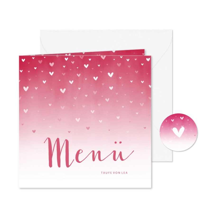 Menükarte Taufe pink zuckersüße Herzen & Foto innen - Karteneindruck
