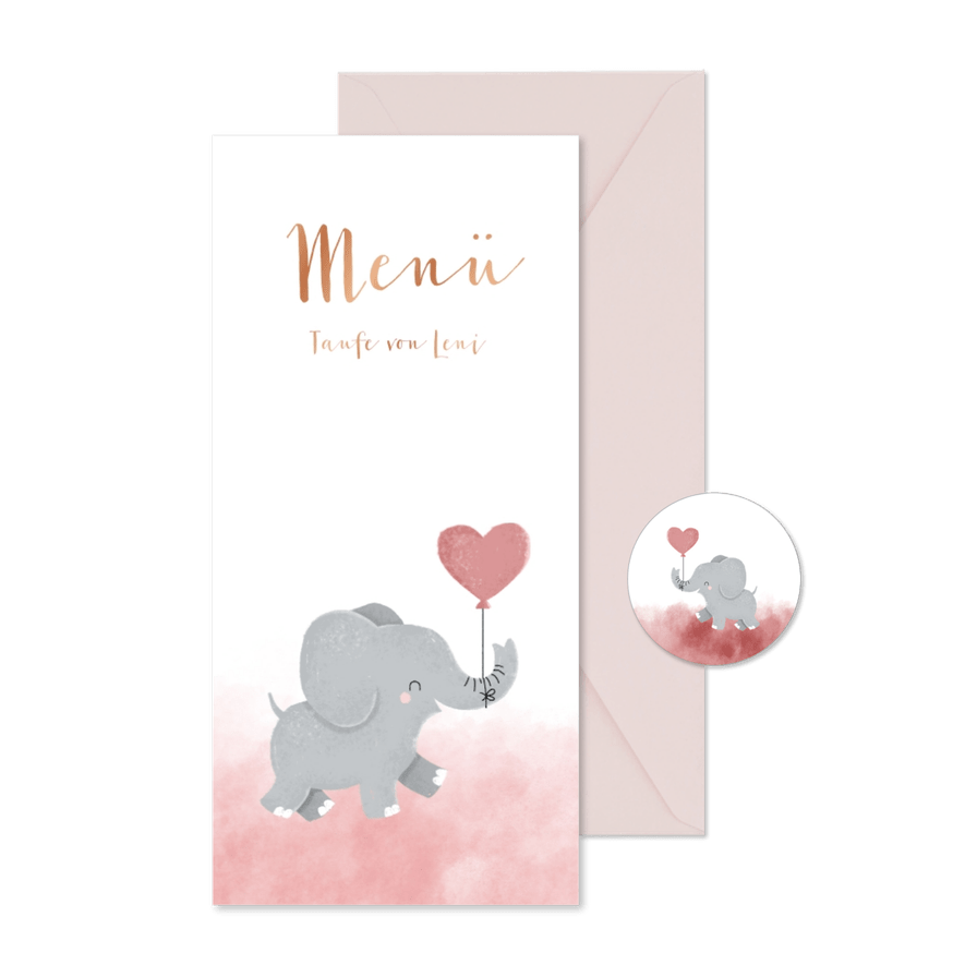 Menükarte Taufe rosa Aquarell Elefant mit Luftballon - Karteneindruck