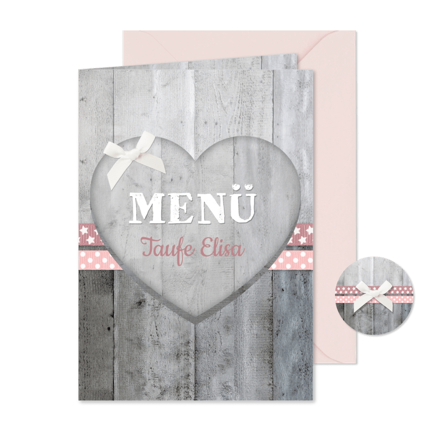 Menükarte Taufe rosa Bänder Holzherz & Foto innen - Karteneindruck