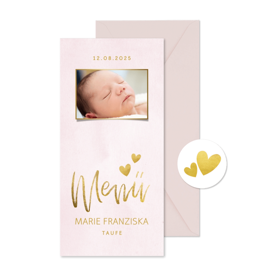 Menükarte Taufe rosa Foto & Goldherzen - Karteneindruck