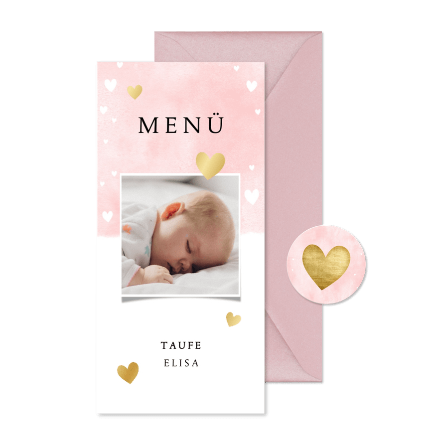 Menükarte Taufe rosa mit Foto und Herzen - Karteneindruck