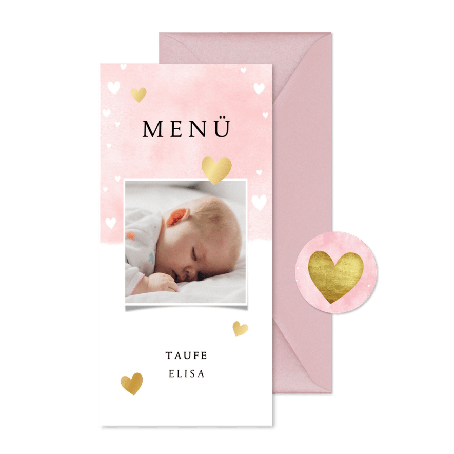Menükarte Taufe rosa mit Foto und Herzen - Karteneindruck
