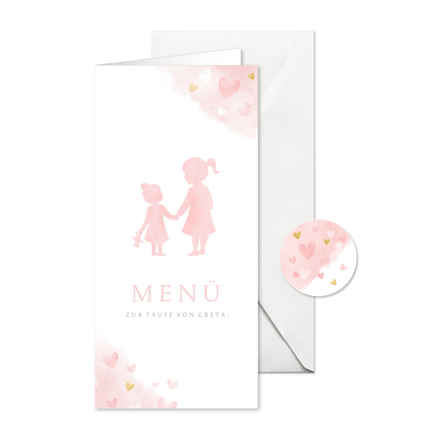 Menükarte Taufe rosa Silhouette kleine & große Schwester - Karteneindruck
