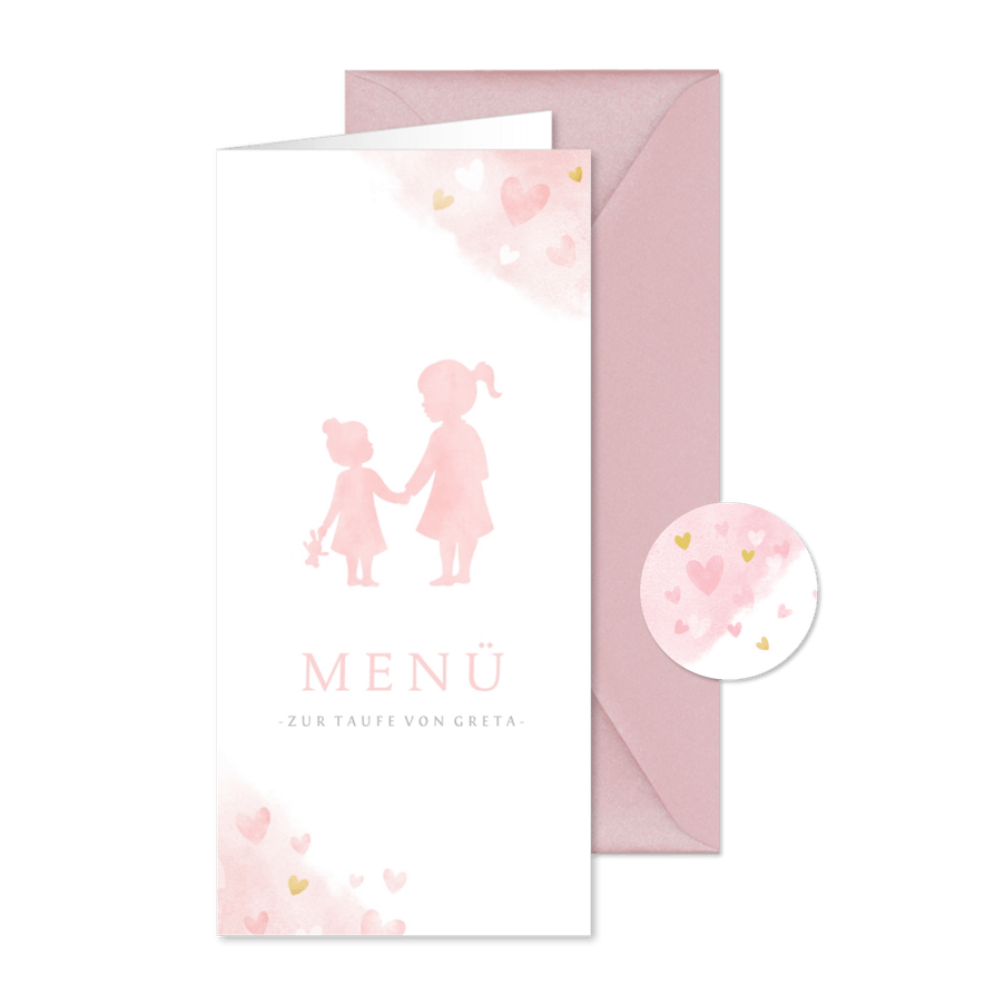 Menükarte Taufe rosa Silhouette kleine & große Schwester - Karteneindruck
