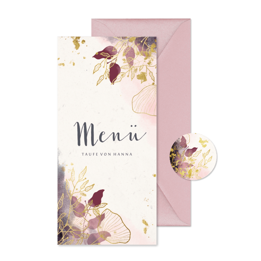 Menükarte Taufe Watercolour rosa botanisch - Karteneindruck
