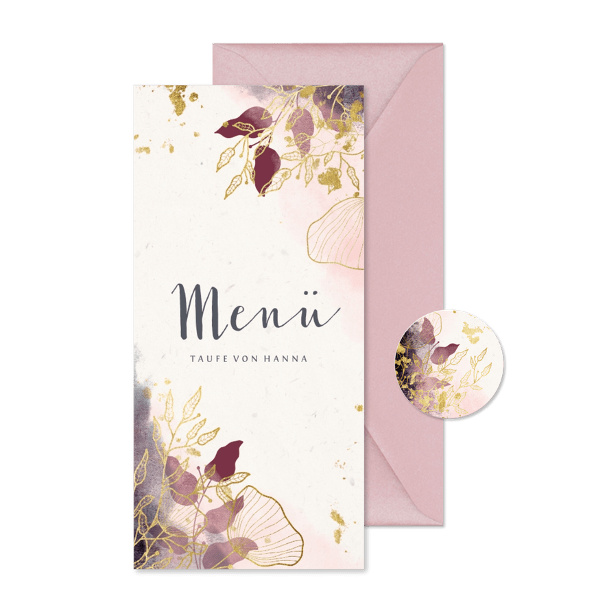 Menükarte Taufe Watercolour rosa botanisch - Karteneindruck