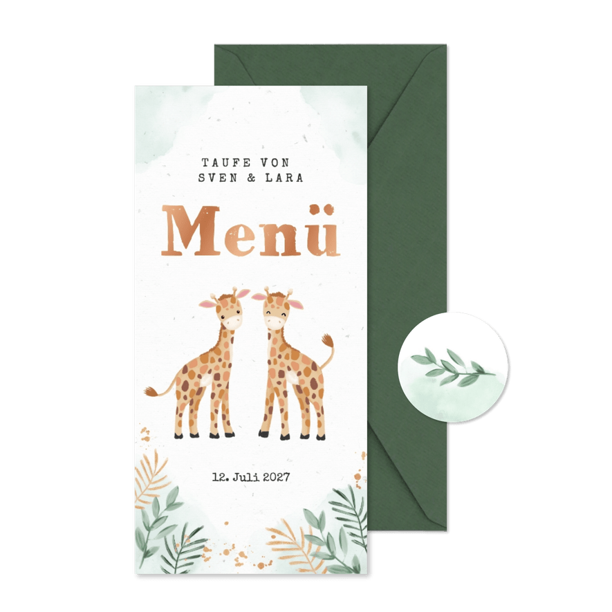 Menükarte Taufe Zwillinge mit zwei niedlichen Giraffen - Karteneindruck
