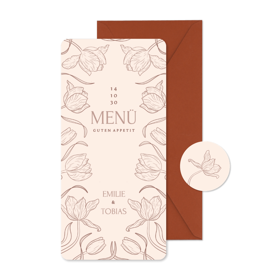 Menükarte Tulpen Linienzeichnung Beige Hochzeit - Kartenvorschau