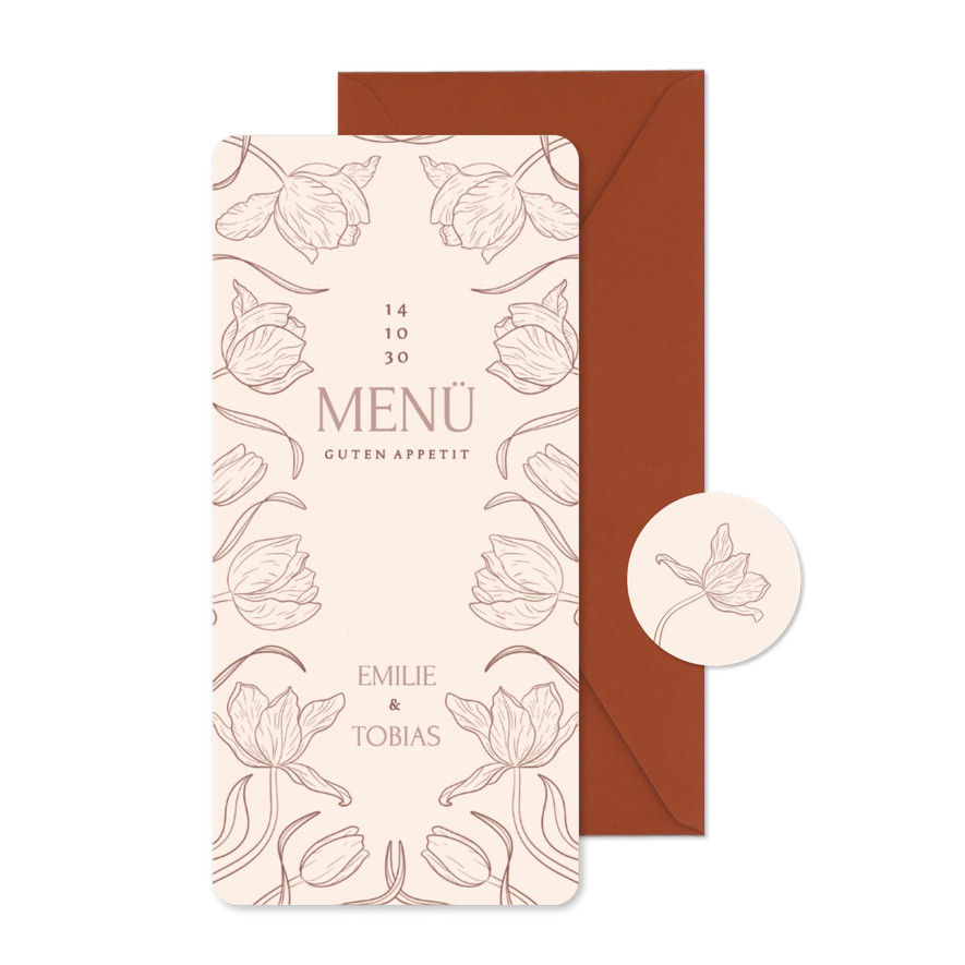 Menükarte Tulpen Linienzeichnung Beige Hochzeit - Karteneindruck
