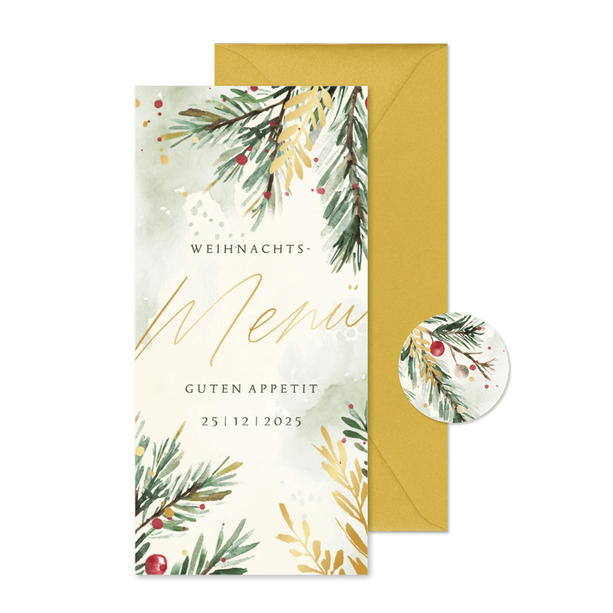 Menükarte Weihnachtsessen Aquarell Tannenzweige - Karteneindruck
