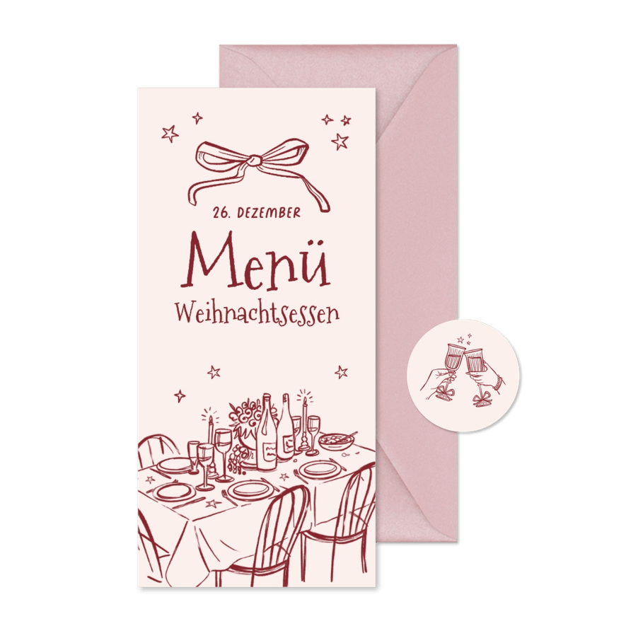 Menükarte Weihnachtsessen Doodles rosa - Karteneindruck