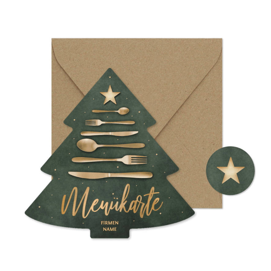 Menükarte Weihnachtsessen Firma Tannenbaum Besteck - Karteneindruck
