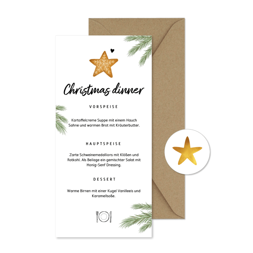 Menükarte Weihnachtsessen mit Stern und Zweigen - Karteneindruck