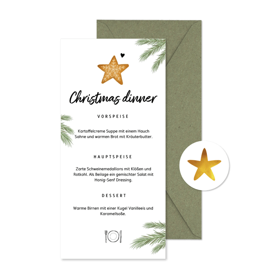 Menükarte Weihnachtsessen mit Stern und Zweigen - Kartenvorschau