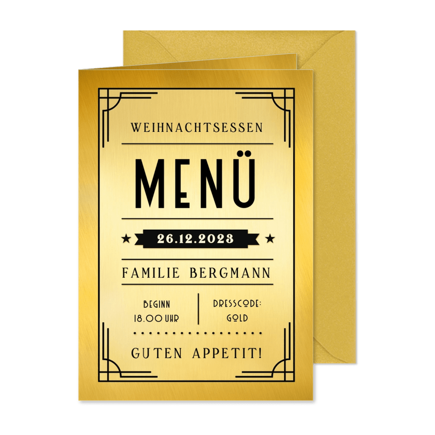 Menükarte Weihnachtsessen Retro-Goldlook - Karteneindruck

