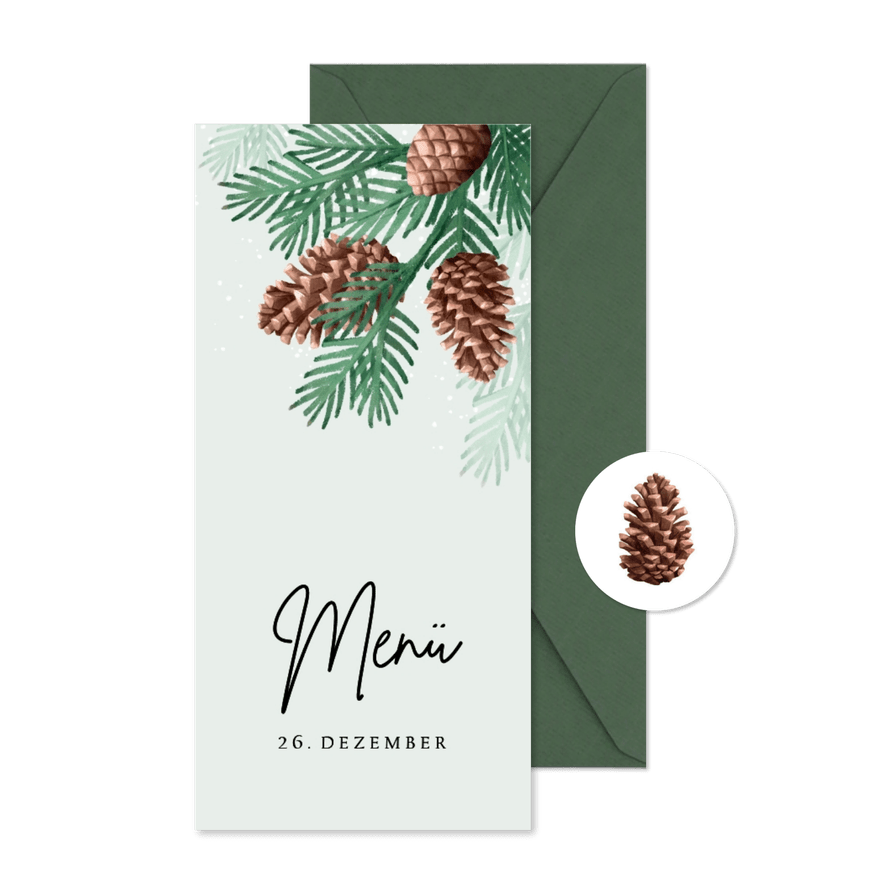 Menükarte Weihnachtsessen Tannenzapfen Tannenzweige - Karteneindruck
