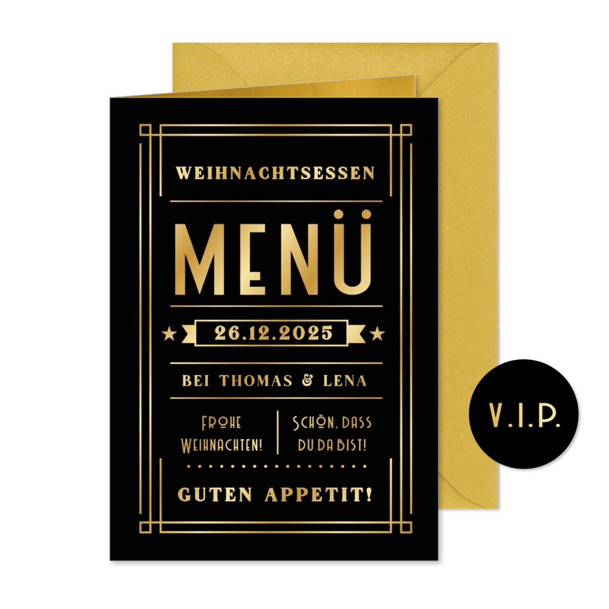 Menükarte Weihnachtsessen 'VIP-Ticket' Art Deco - Karteneindruck
