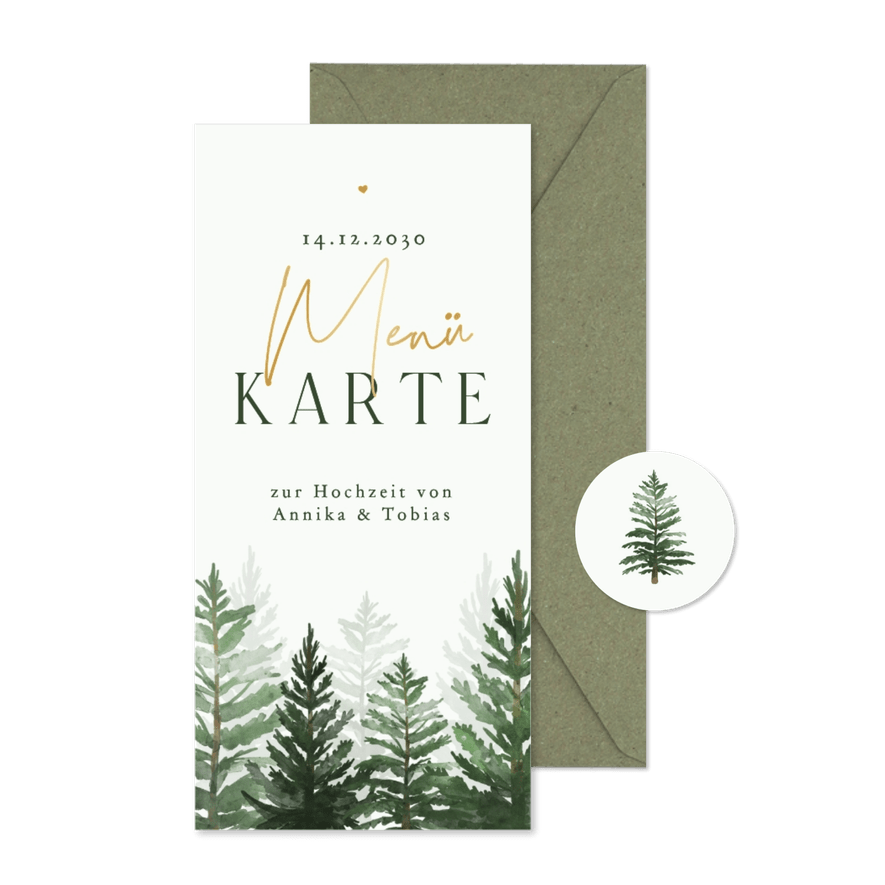 Menükarte Winter Hochzeit Tannenbäume - Kartenvorschau