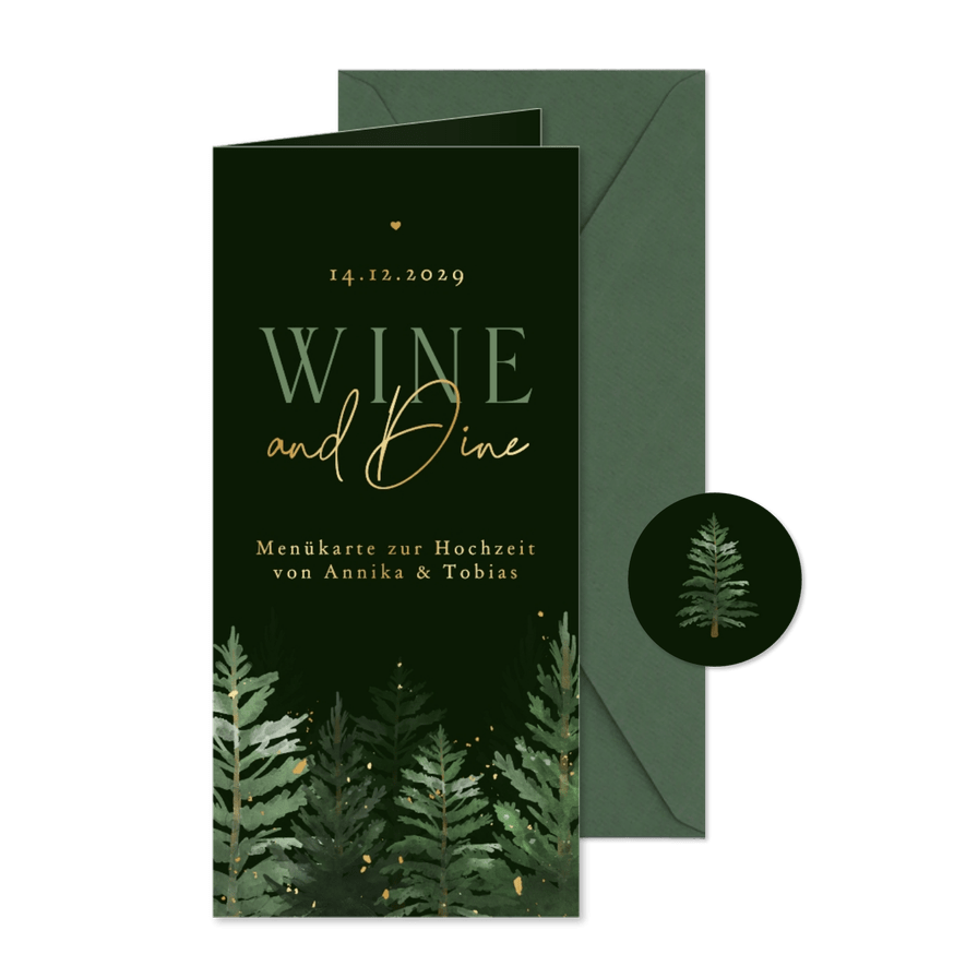 Menükarte Winterhochzeit dunkel mit Tannenbäumen - Karteneindruck
