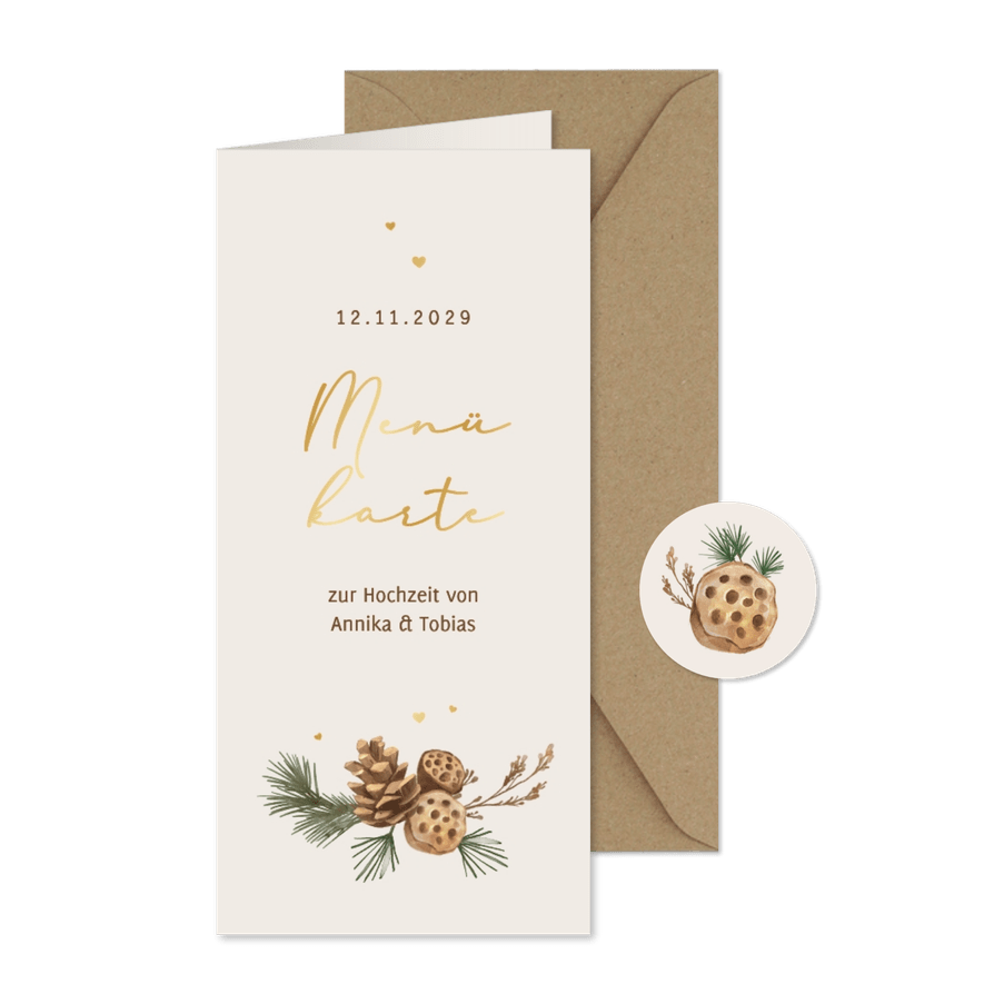 Menükarte Winterhochzeit getrocknete Winterdeko Zweige - Karteneindruck
