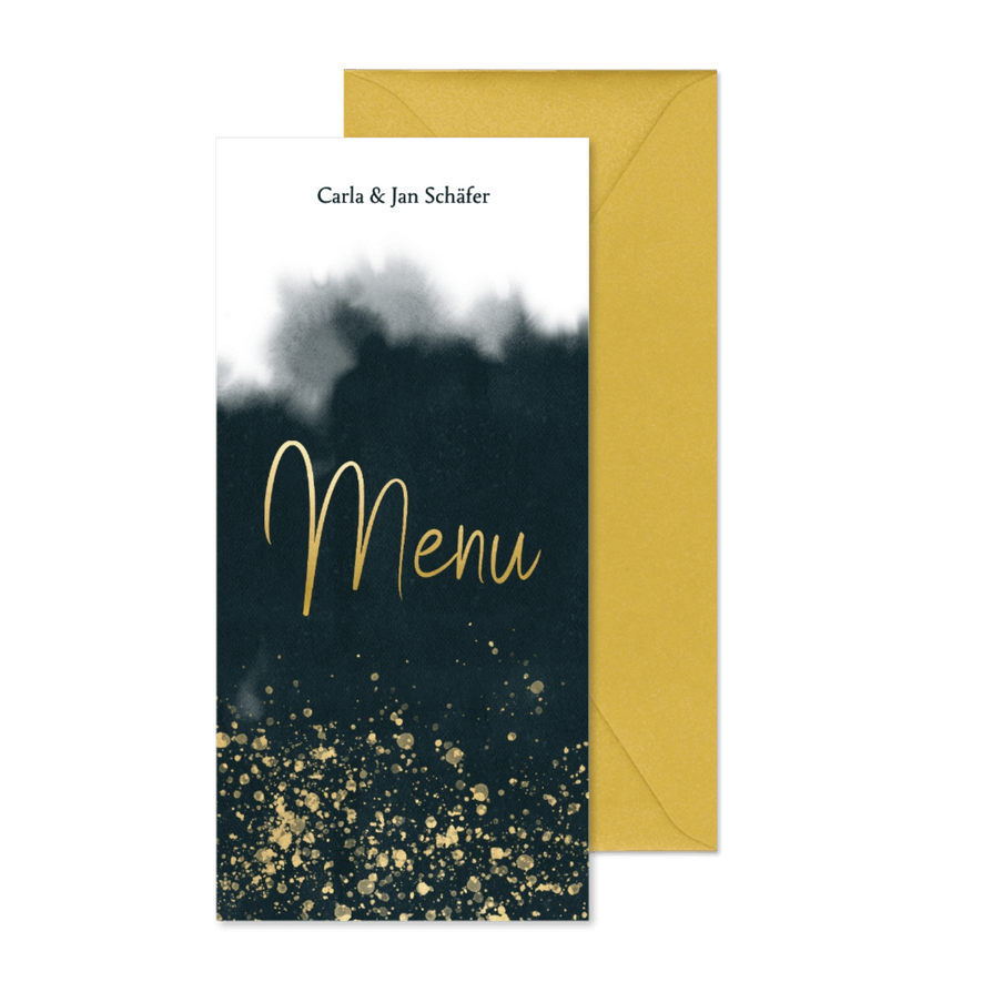 Menükarte zu Weihnachten Wasserfarbe und goldene Punkte - Karteneindruck