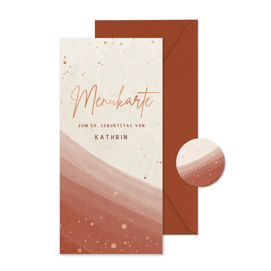 Menükarte zum 50. Geburtstag Aquarelloptik rostrot - Karteneindruck
