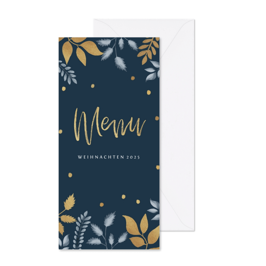 Menükarte zum Weihnachtsessen dunkelblau botanisch - Karteneindruck