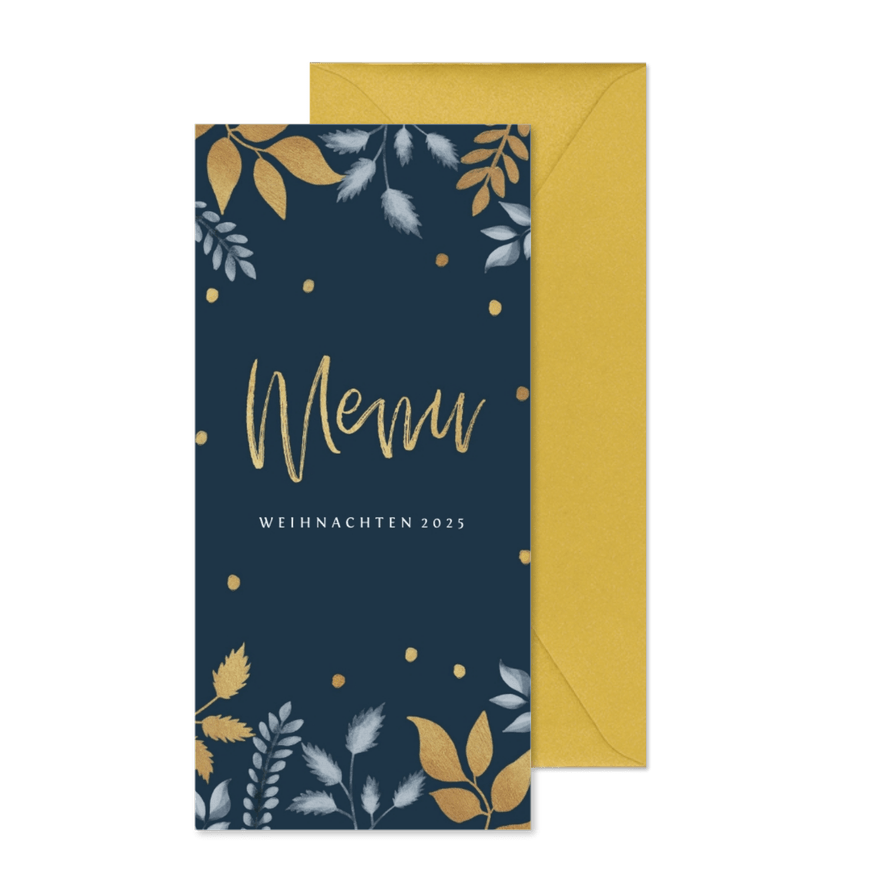 Menükarte zum Weihnachtsessen dunkelblau botanisch - Karteneindruck
