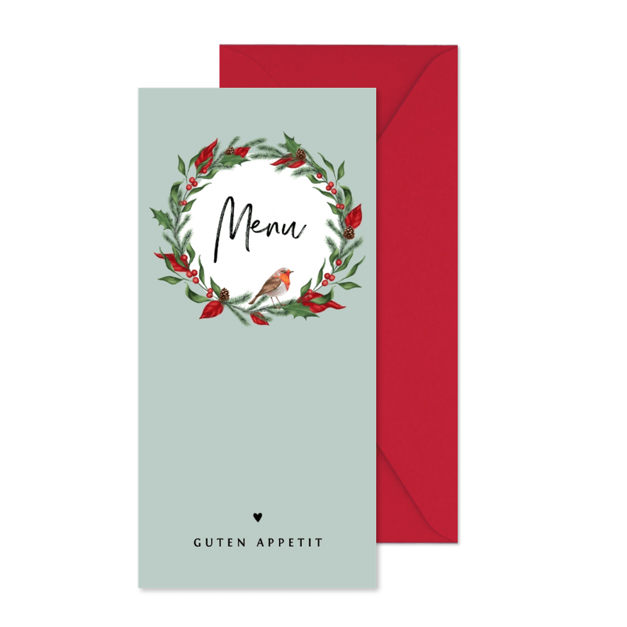 Menükarte zum Weihnachtsessen Kranz mit Vogel - Karteneindruck
