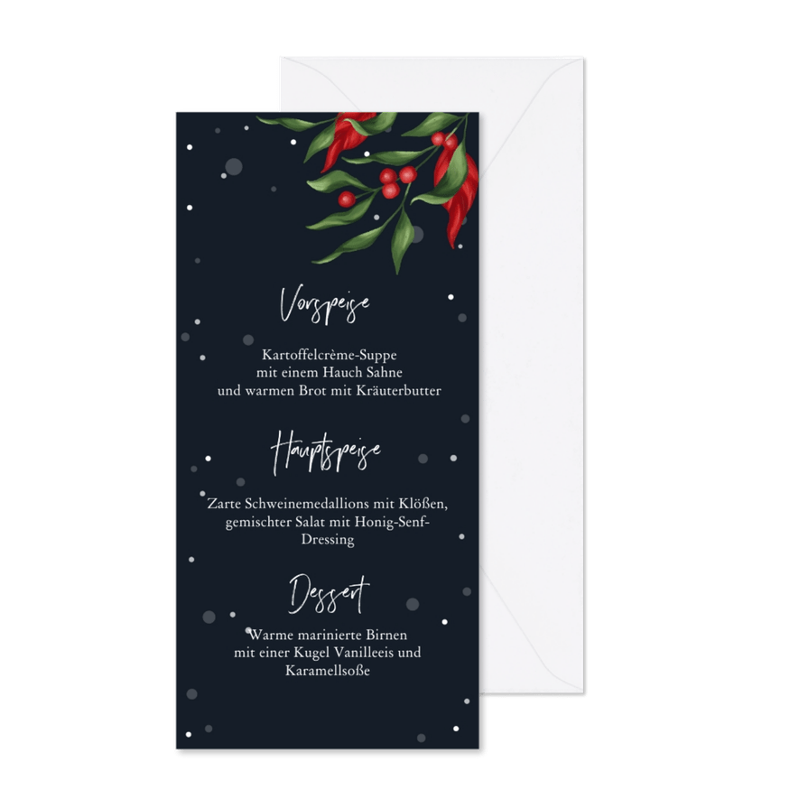 Menükarte zum Weihnachtsessen Nachthimmel & Ilex - Karteneindruck