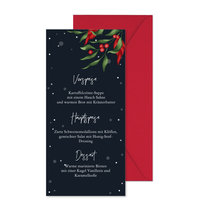 Menükarte zum Weihnachtsessen Nachthimmel & Ilex - Karteneindruck
