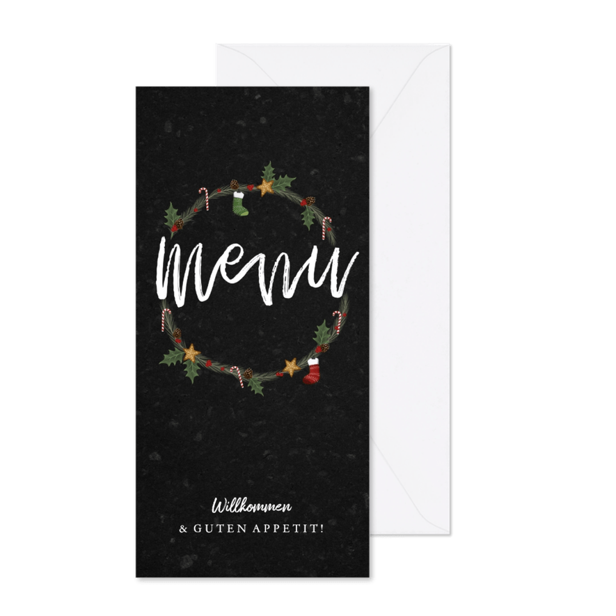 Menükarte zum Weihnachtsessen Weihnachtskranz klassisch - Karteneindruck