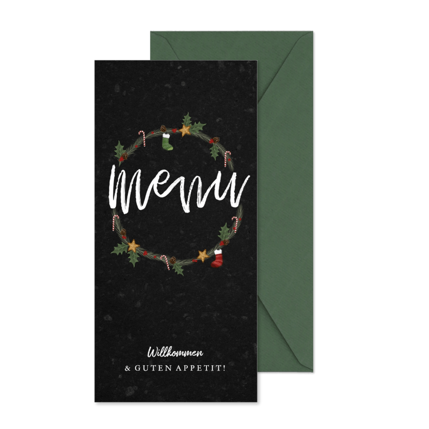 Menükarte zum Weihnachtsessen Weihnachtskranz klassisch - Karteneindruck