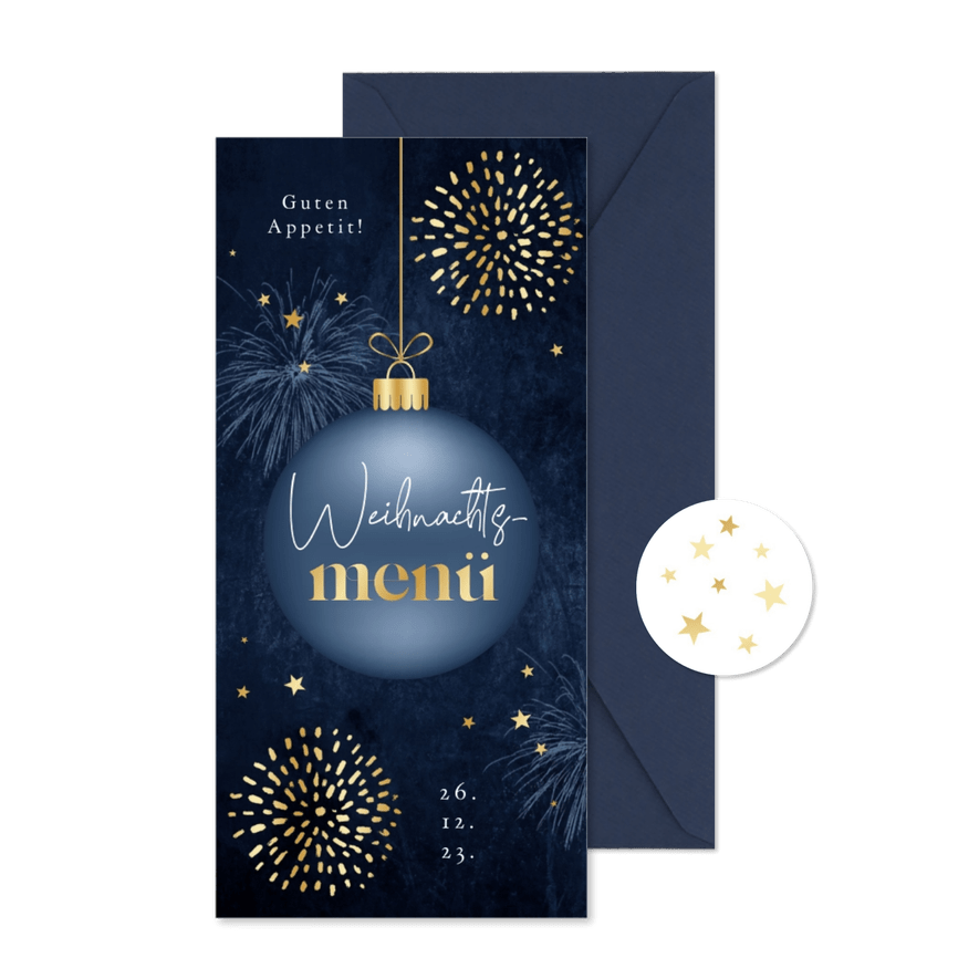 Menükarte zum Weihnachtsessen Weihnachtskugeln - Karteneindruck
