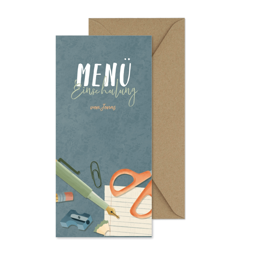 Menükarte zur Einschulung blau Schere, Füller & Papier - Karteneindruck