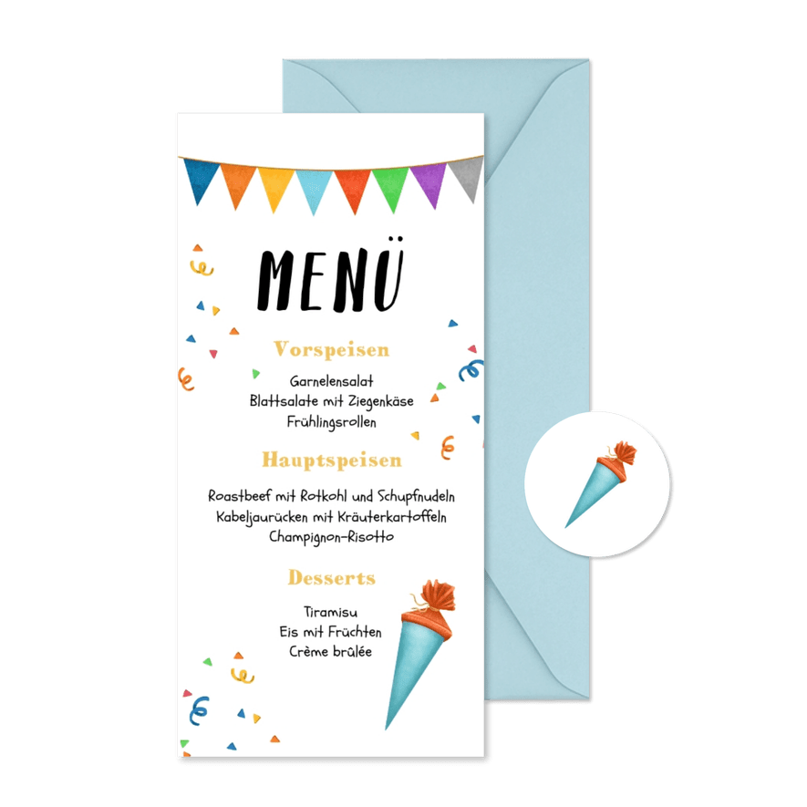 Menükarte zur Einschulung blaue Schultüte & Girlande - Karteneindruck
