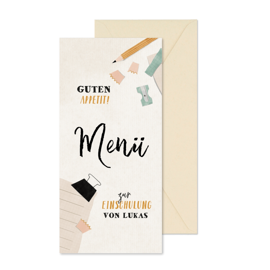 Menükarte zur Einschulung blauer Spitzer & Bleistift - Karteneindruck
