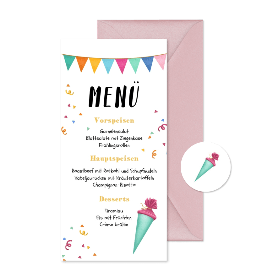 Menükarte zur Einschulung grüne Schultüte & Girlande - Karteneindruck