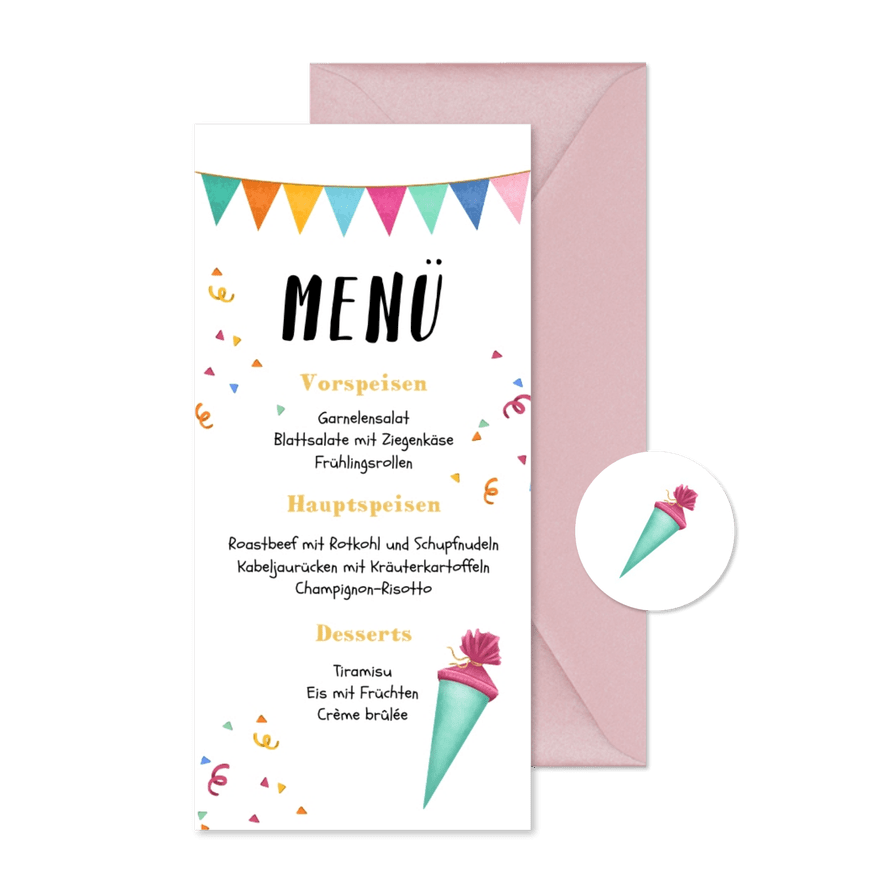 Menükarte zur Einschulung grüne Schultüte & Girlande - Karteneindruck

