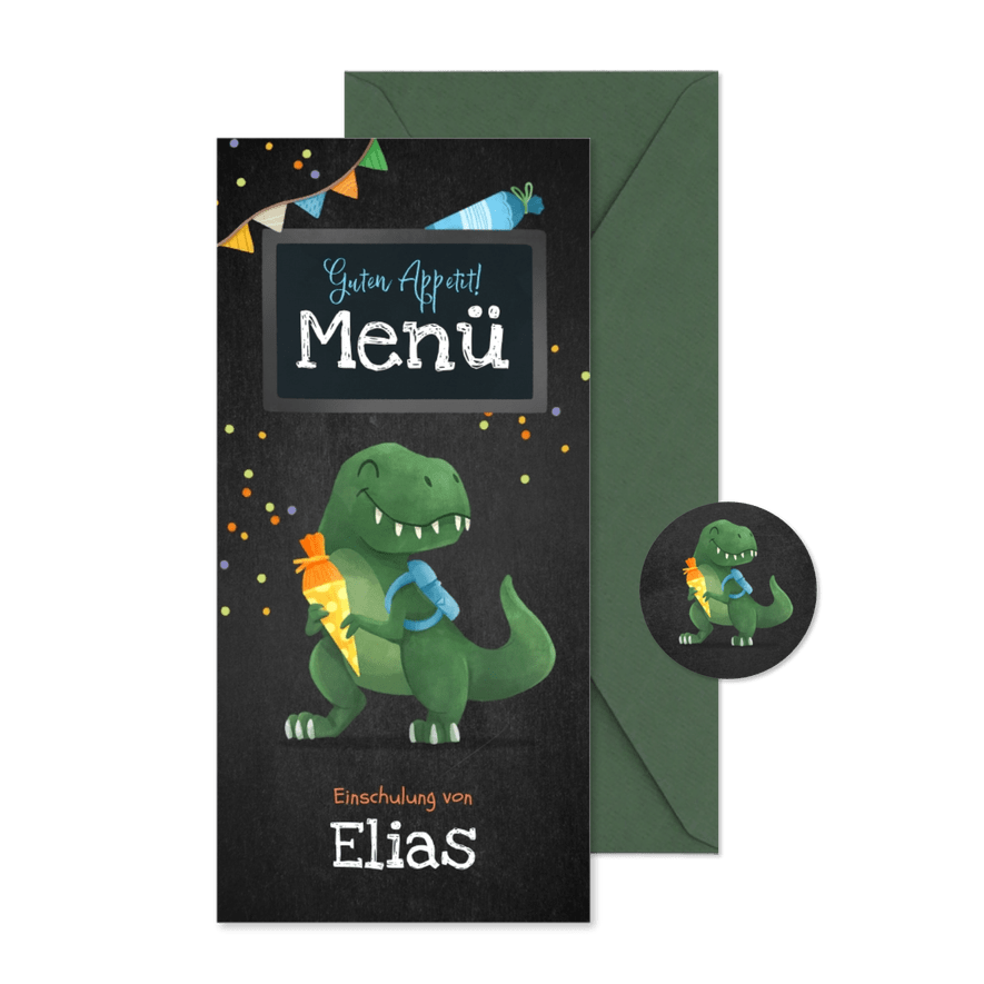 Menükarte zur Einschulung lustiger T-Rex & Konfetti - Karteneindruck
