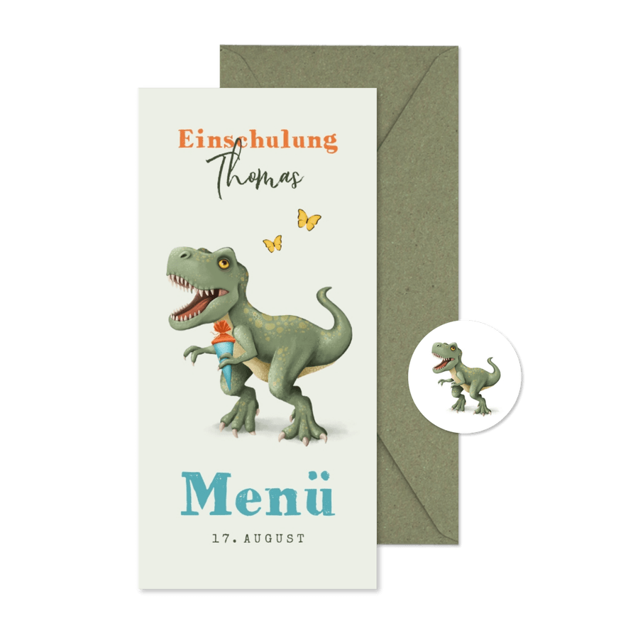 Menükarte zur Einschulung mit T-Rex - Karteneindruck
