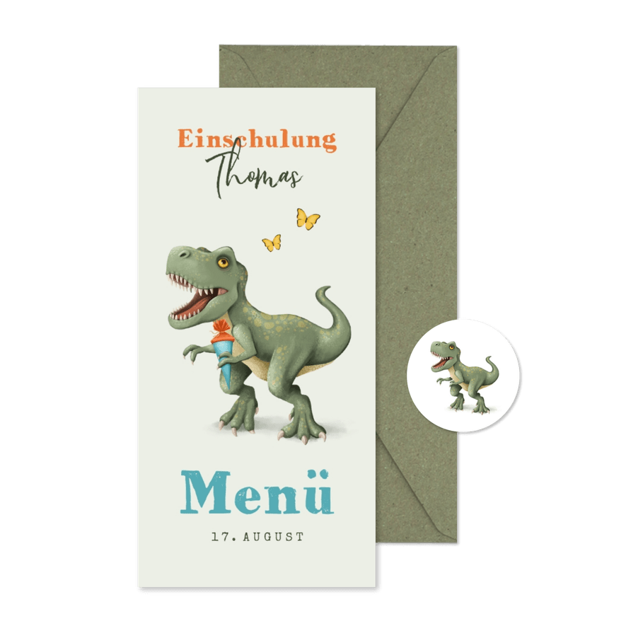 Menükarte zur Einschulung mit T-Rex - Kartenvorschau
