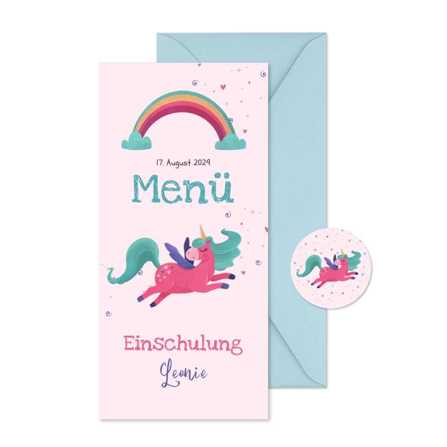Menükarte zur Einschulung Regenbogen & Einhorn - Karteneindruck
