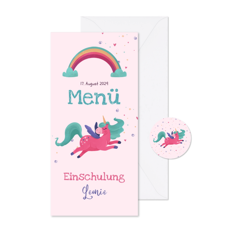 Menükarte zur Einschulung Regenbogen & Einhorn - Karteneindruck
